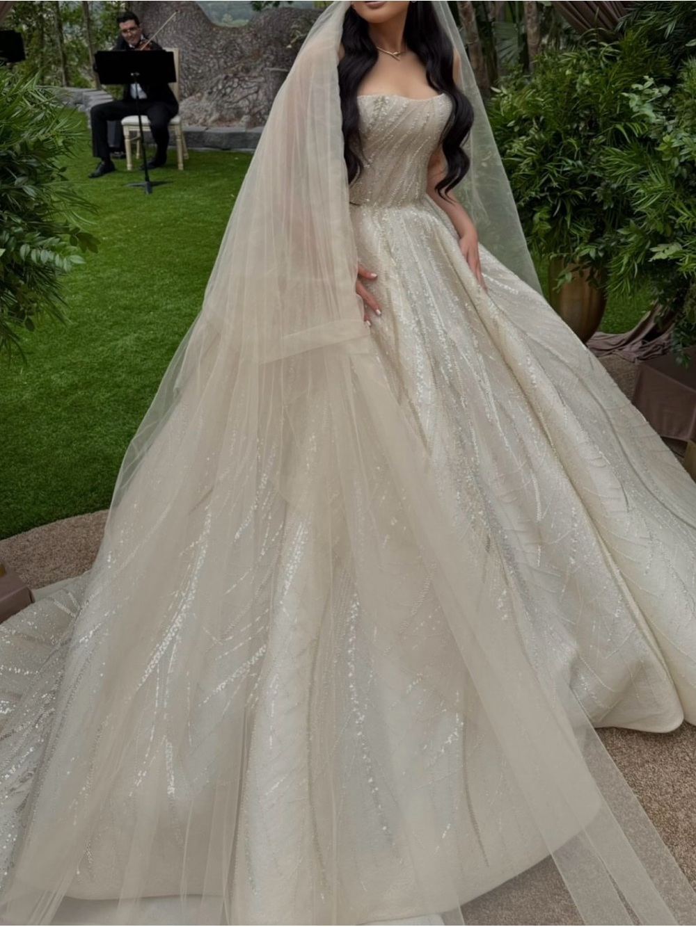 Champagne Strapless Ball Gown Wedding Dress with Veil